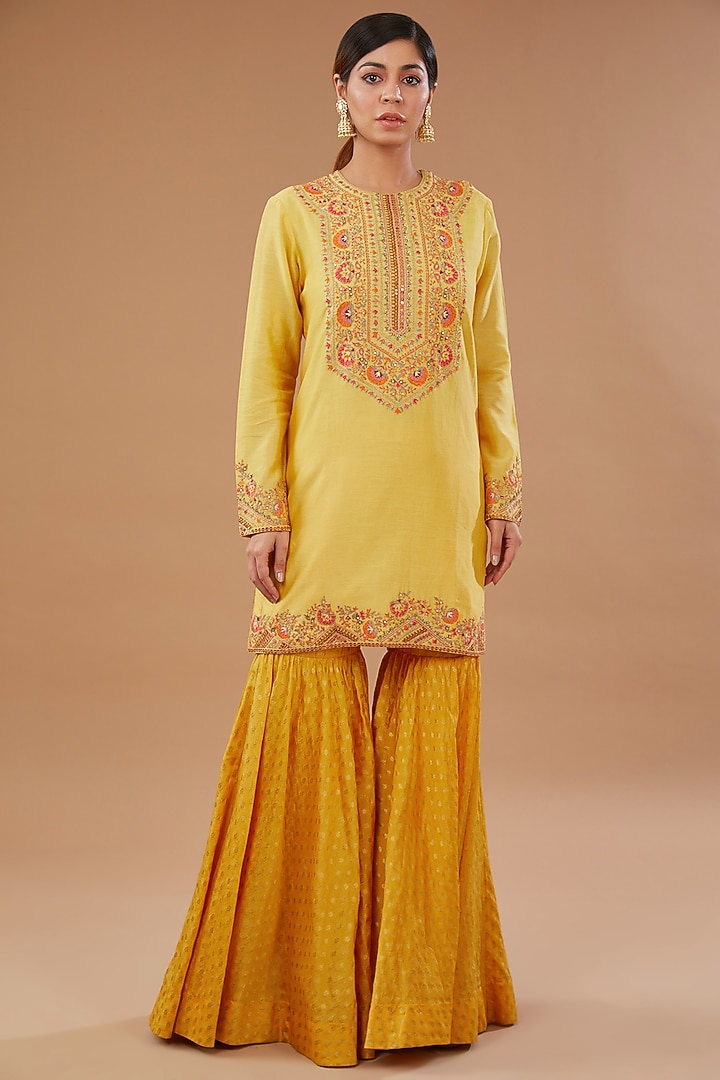 Yellow Brocade Wedding Sharara Set by Petticoat Lane at Pernia's Pop Up Shop