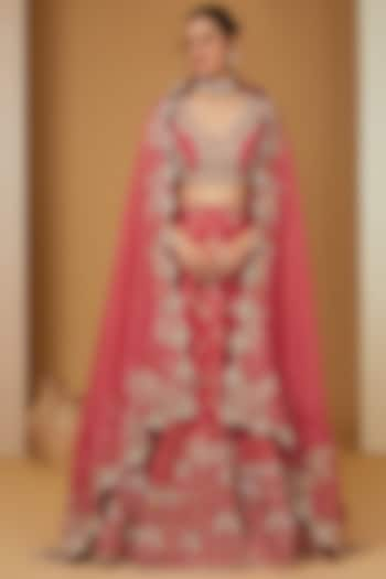 Red Dupion Dori Embroidered Shimmer Bridal Lehenga Set by Petticoat Lane at Pernia's Pop Up Shop