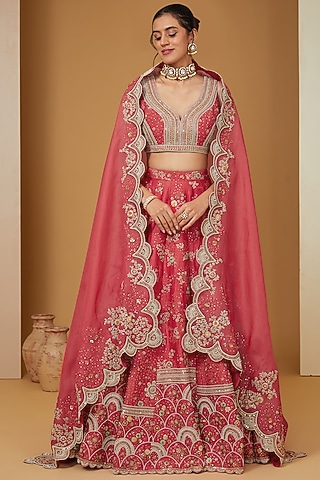 Red Dupion Dori Embroidered Shimmer Lehenga Set by Petticoat Lane