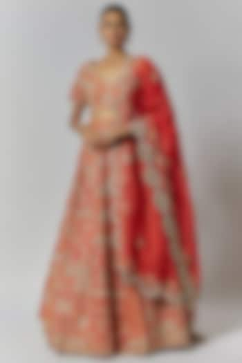 Red Dupion Dori & Aari Embroidered Bridal Lehenga Set by Petticoat Lane at Pernia's Pop Up Shop