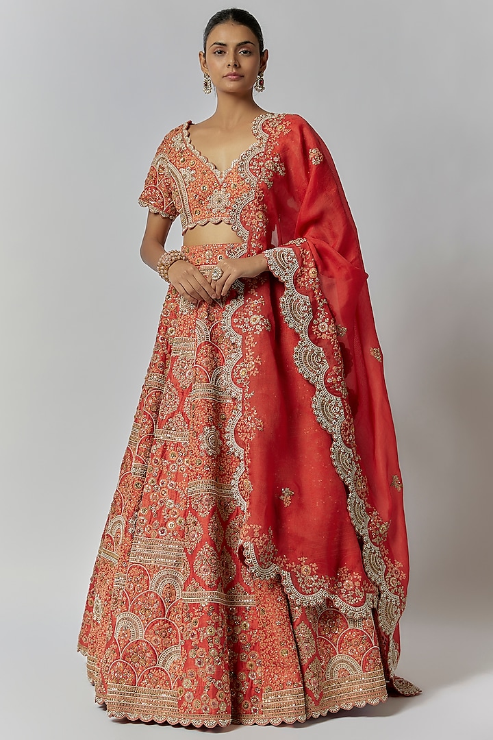 Red Dupion Dori & Aari Embroidered Bridal Lehenga Set by Petticoat Lane at Pernia's Pop Up Shop