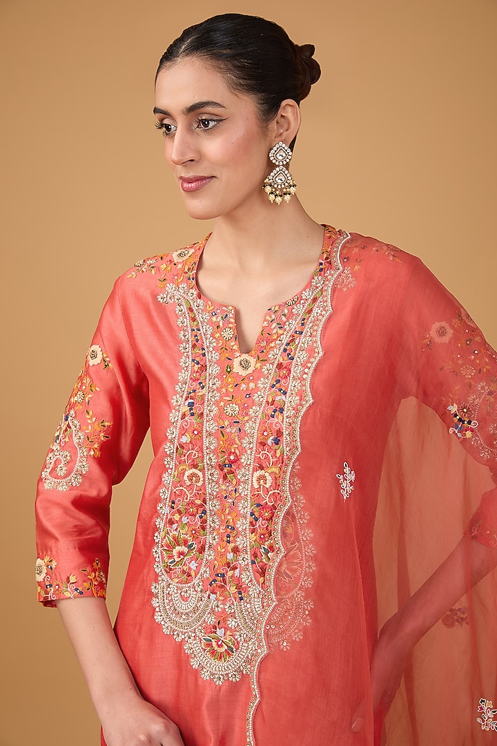 Rust Chanderi Embroidered Kurta Set by Petticoat Lane at Pernia's Pop Up Shop