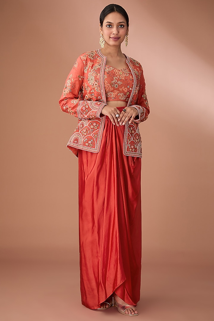 Red Chanderi Dori Embroidered Jacket Set by Petticoat Lane at Pernia's Pop Up Shop