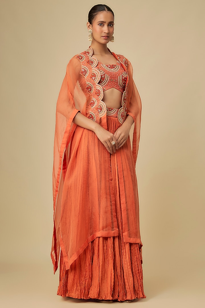 Orange Silk Crushed Skirt Set by Petticoat Lane at Pernia's Pop Up Shop