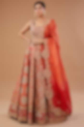 Red Dupion Dori Embroidered Bridal Lehenga Set by Petticoat Lane at Pernia's Pop Up Shop