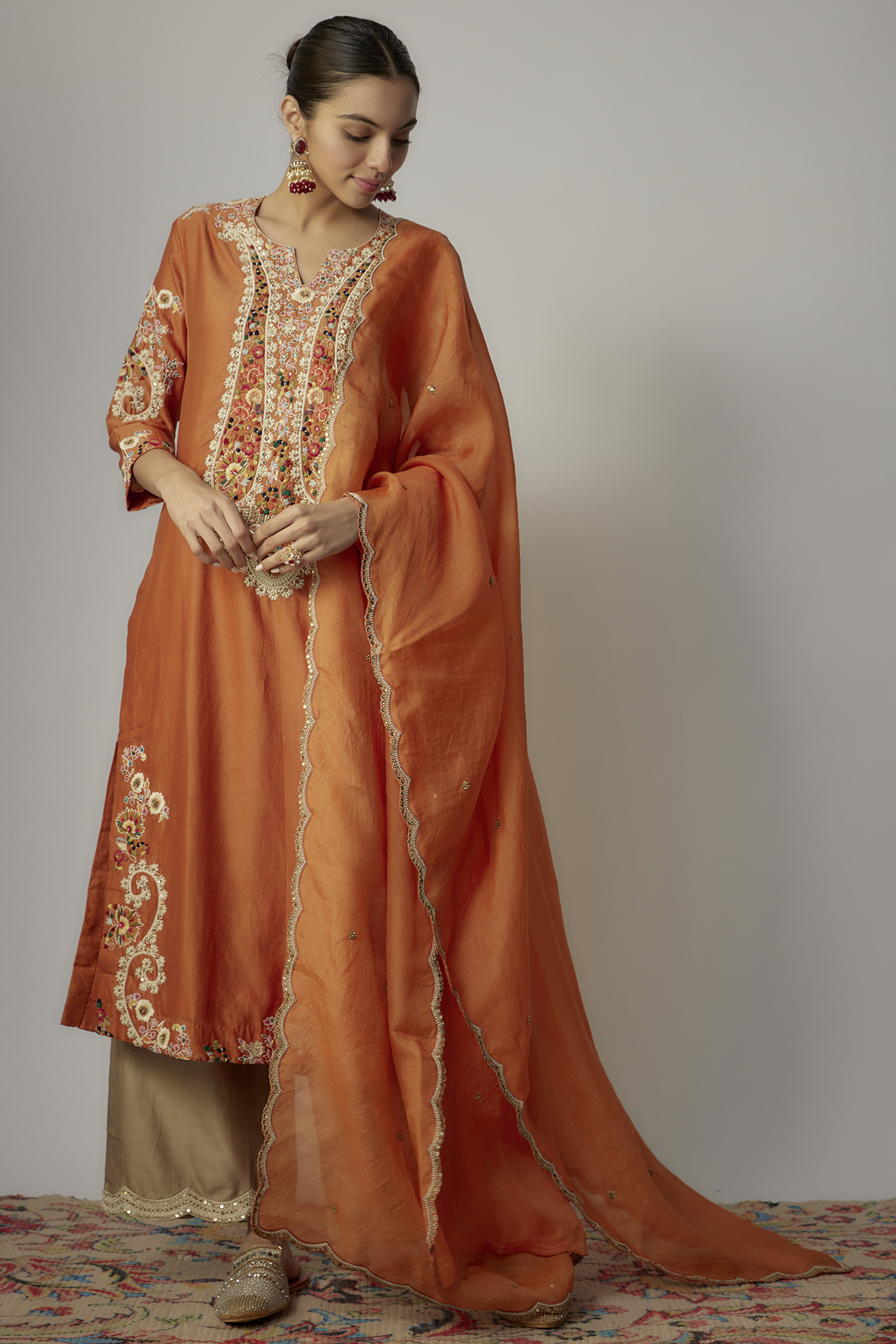 Orange Chanderi Dori Embroidered Kurta Set by Petticoat Lane at Pernia's Pop Up Shop