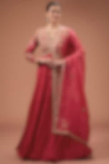 Red Dupion & Chanderi Dori Embroidered Crushed Kalidar Anarkali Set by Petticoat Lane