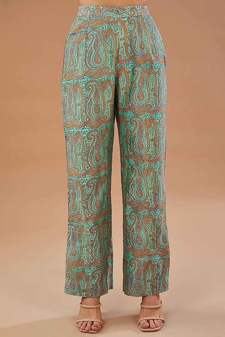 Green Chanderi Paisley Embroidered Wedding Anarkali Set by Petticoat Lane at Pernia's Pop Up Shop