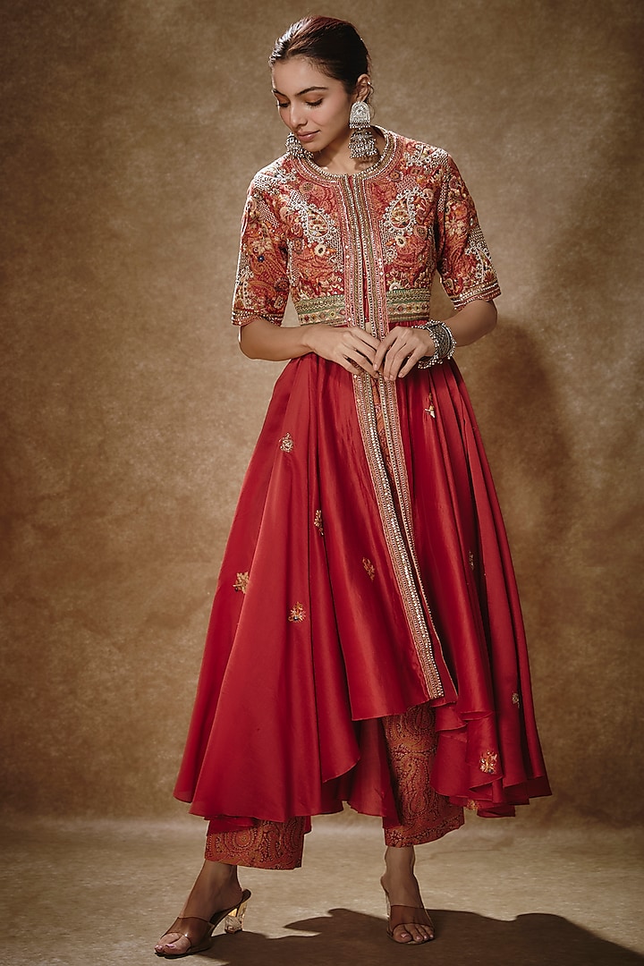 Red Silk Dori Embroidered Asymmetric Kalidar Anarkali Set by Petticoat Lane at Pernia's Pop Up Shop