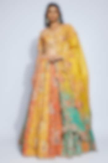Multi-Colored Dupion Dori Embroidered Lehenga Set by Petticoat Lane