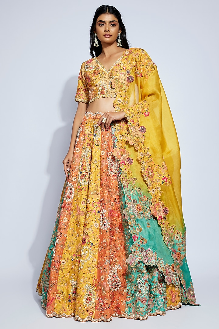 Multi-Colored Dupion Dori Embroidered Lehenga Set by Petticoat Lane