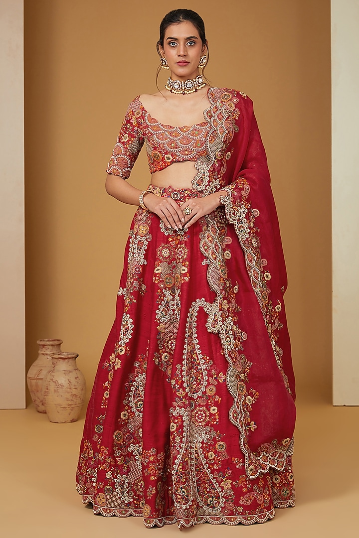 Red Dupion Trellis Embroidered & Printed Patchwork Bridal Lehenga Set by Petticoat Lane at Pernia's Pop Up Shop