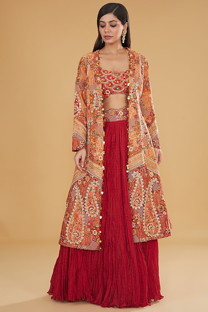 Red Chanderi Dori Embroidered & Paisley Printed Jacket Set by Petticoat Lane at Pernia's Pop Up Shop