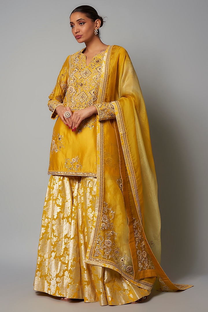 Yellow Brocade Sharara Set by Petticoat Lane at Pernia's Pop Up Shop