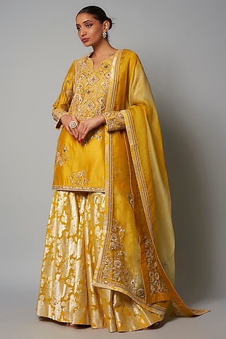 Yellow Brocade Sharara Set by Petticoat Lane