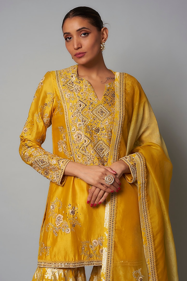 Yellow Brocade Bridal Sharara Set by Petticoat Lane at Pernia's Pop Up Shop
