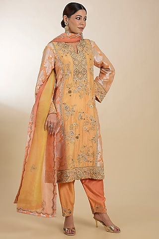 Yellow Chanderi & Organza Hand Embroidered A-Line Kurta Set by Petticoat Lane