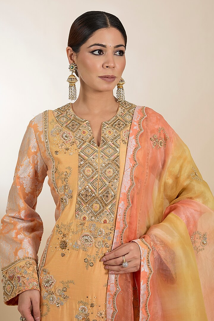 Yellow Chanderi & Organza Hand Embroidered A-Line Kurta Set by Petticoat Lane at Pernia's Pop Up Shop