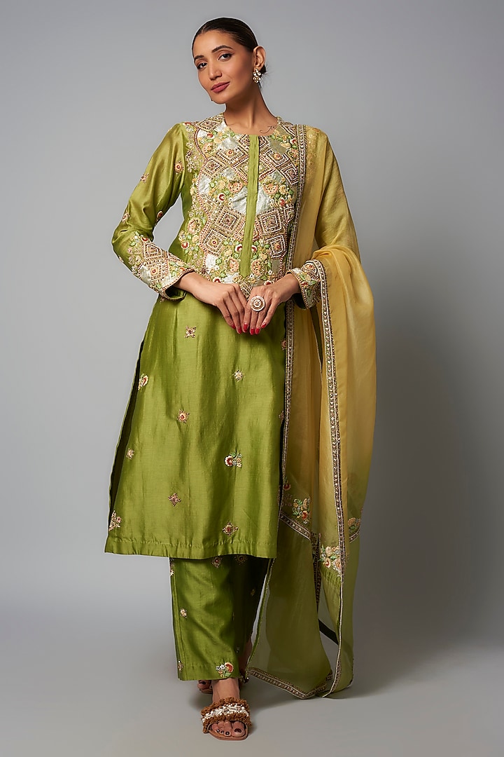 Green Shimmer Brocade Hand & Machine Embroidered Kurta Set by Petticoat Lane at Pernia's Pop Up Shop