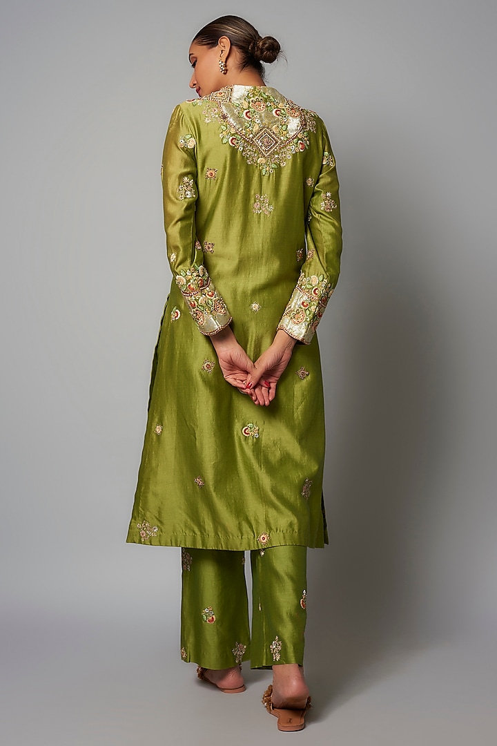 Green Shimmer Brocade Hand & Machine Embroidered Kurta Set by Petticoat Lane at Pernia's Pop Up Shop