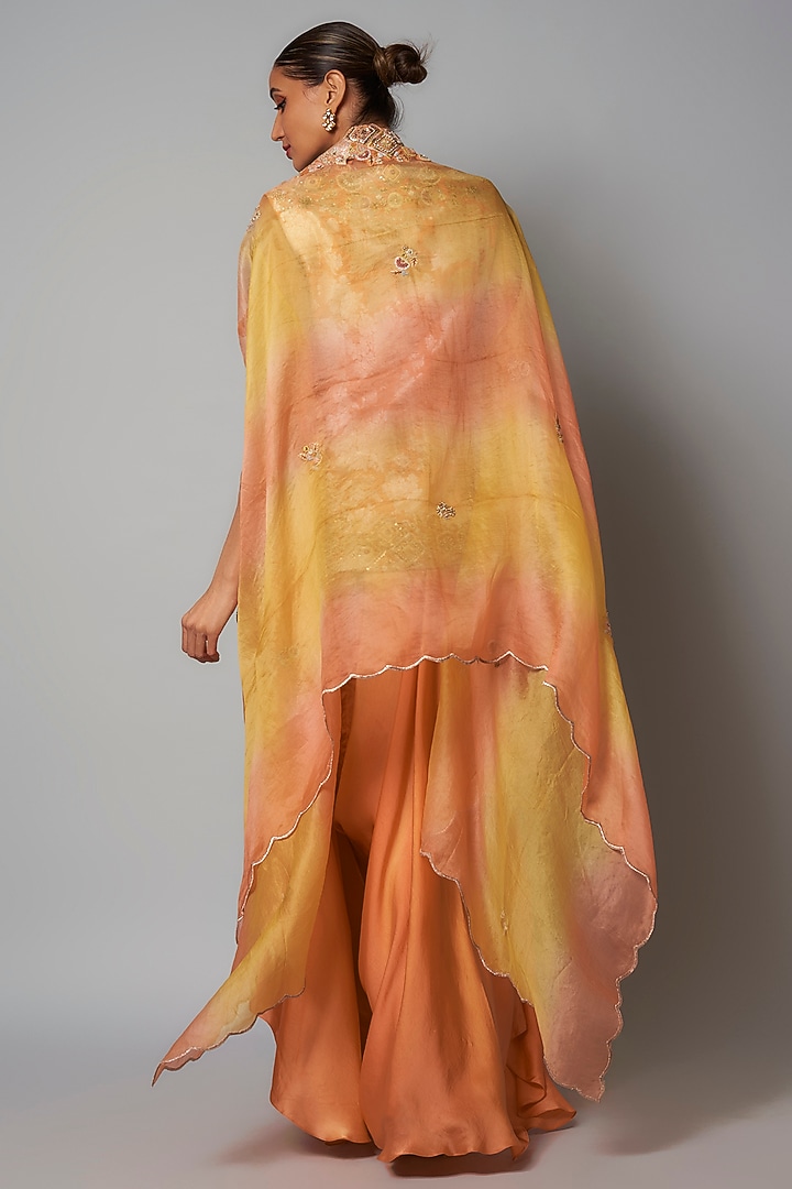 Saffron Organza Hand & Machine Embroidered Cape Set by Petticoat Lane at Pernia's Pop Up Shop