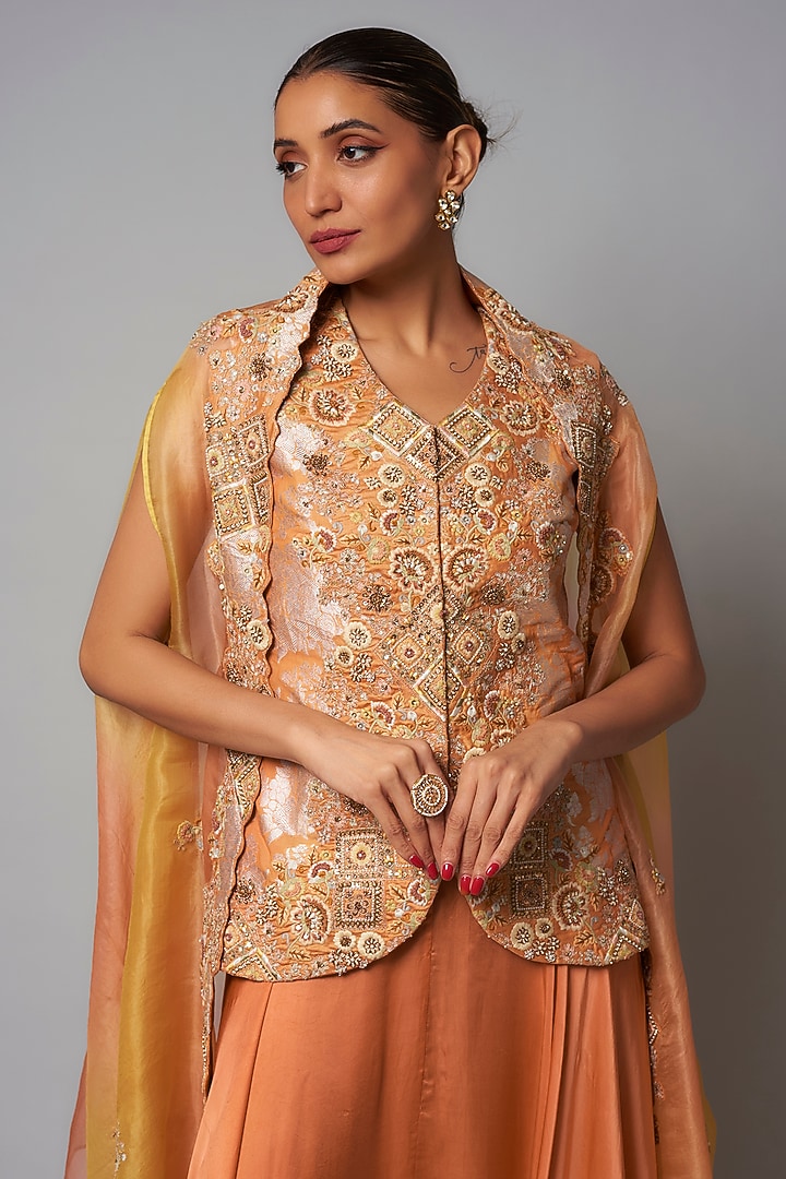 Saffron Organza Hand & Machine Embroidered Cape Set by Petticoat Lane at Pernia's Pop Up Shop