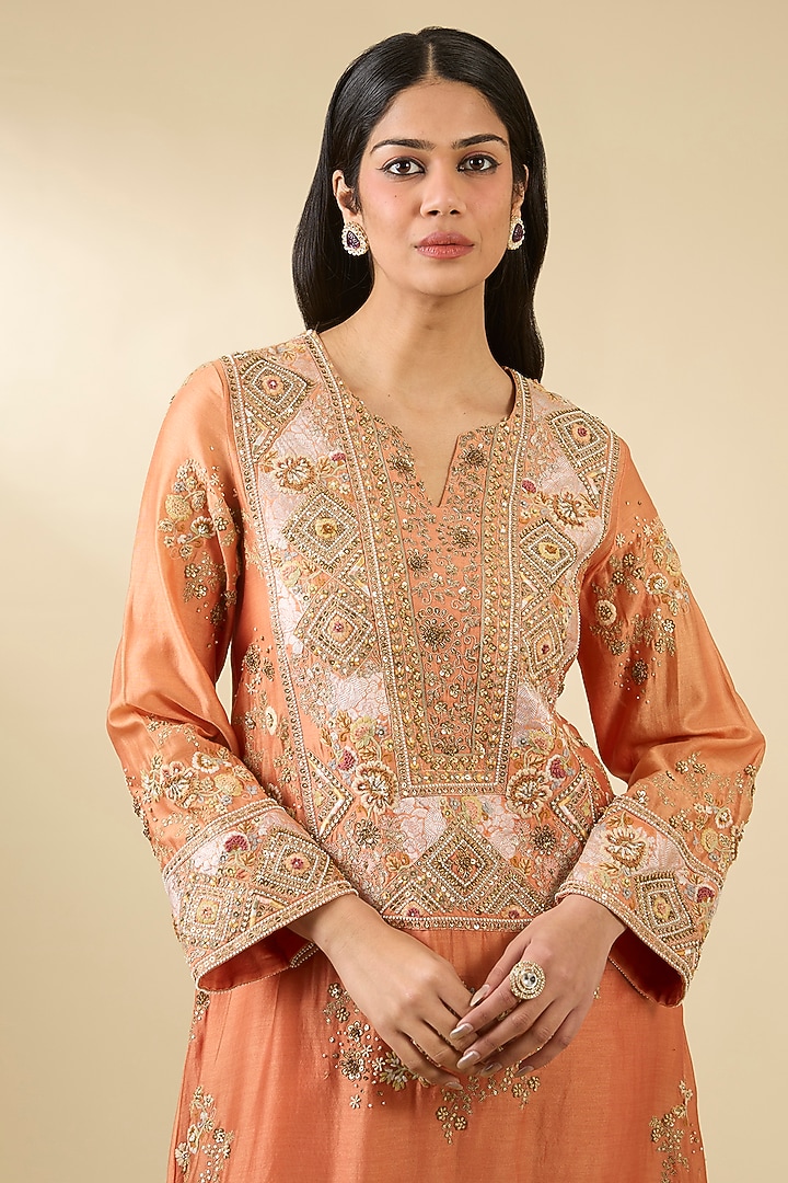 Saffron Shimmer Brocade & Chanderi Kurta Set by Petticoat Lane at Pernia's Pop Up Shop