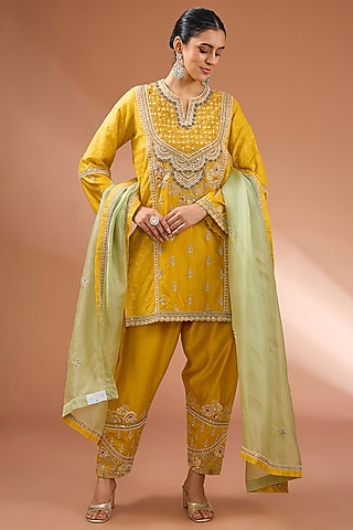 Yellow Shimmer Brocade Chanderi Kurta Set by Petticoat Lane