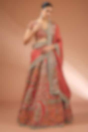 Red Dupion Jamewar Patchwork Bridal Lehenga Set by Petticoat Lane at Pernia's Pop Up Shop