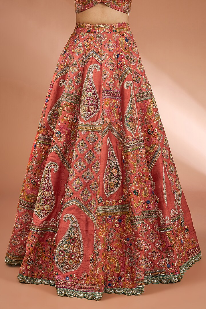 Red Dupion Jamewar Patchwork Bridal Lehenga Set by Petticoat Lane at Pernia's Pop Up Shop
