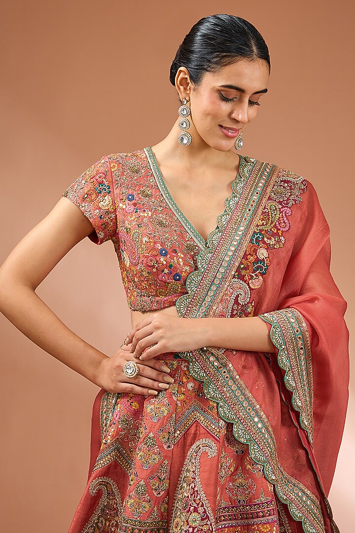 Red Dupion Jamewar Patchwork Bridal Lehenga Set by Petticoat Lane at Pernia's Pop Up Shop