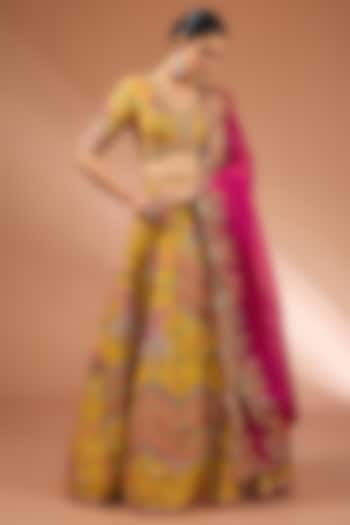 Yellow Dupioni Boota Embroidered Bridal Lehenga Set by Petticoat Lane at Pernia's Pop Up Shop