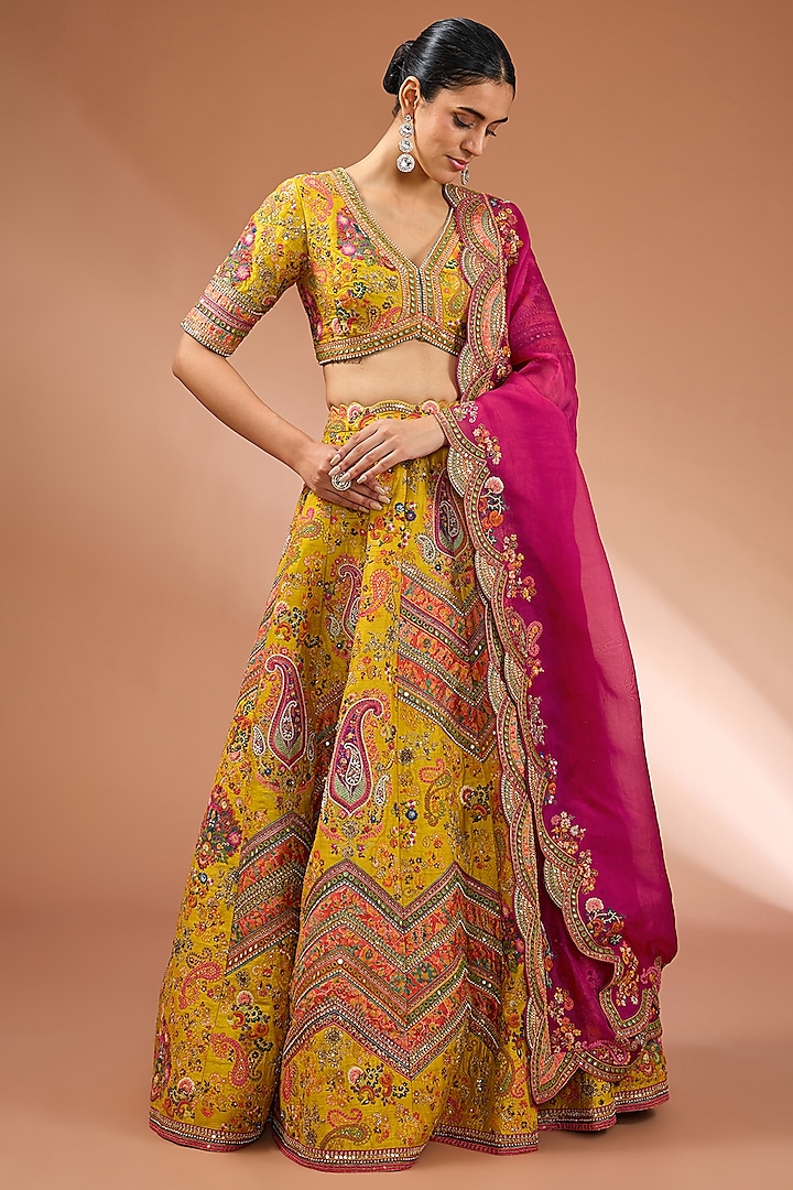 Yellow Dupioni Boota Embroidered Bridal Lehenga Set by Petticoat Lane at Pernia's Pop Up Shop