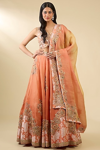 Saffron Shimmer Brocade & Organza Lehenga Set by Petticoat Lane