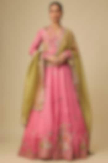 Pink Organza Hand & Machine Embroidered Kalidar Bridal Anarkali Set by Petticoat Lane at Pernia's Pop Up Shop