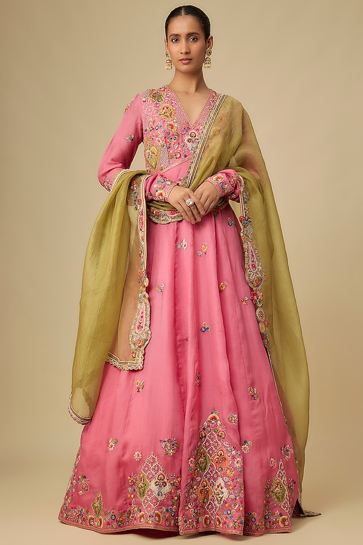 Pink Organza Hand & Machine Embroidered Kalidar Bridal Anarkali Set by Petticoat Lane at Pernia's Pop Up Shop