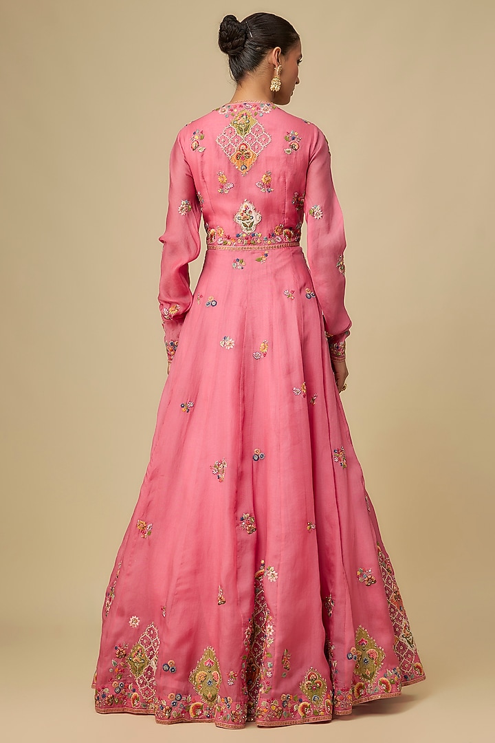 Pink Organza Hand & Machine Embroidered Kalidar Bridal Anarkali Set by Petticoat Lane at Pernia's Pop Up Shop
