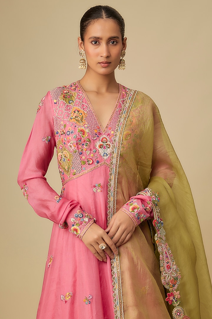 Pink Organza Hand & Machine Embroidered Kalidar Bridal Anarkali Set by Petticoat Lane at Pernia's Pop Up Shop