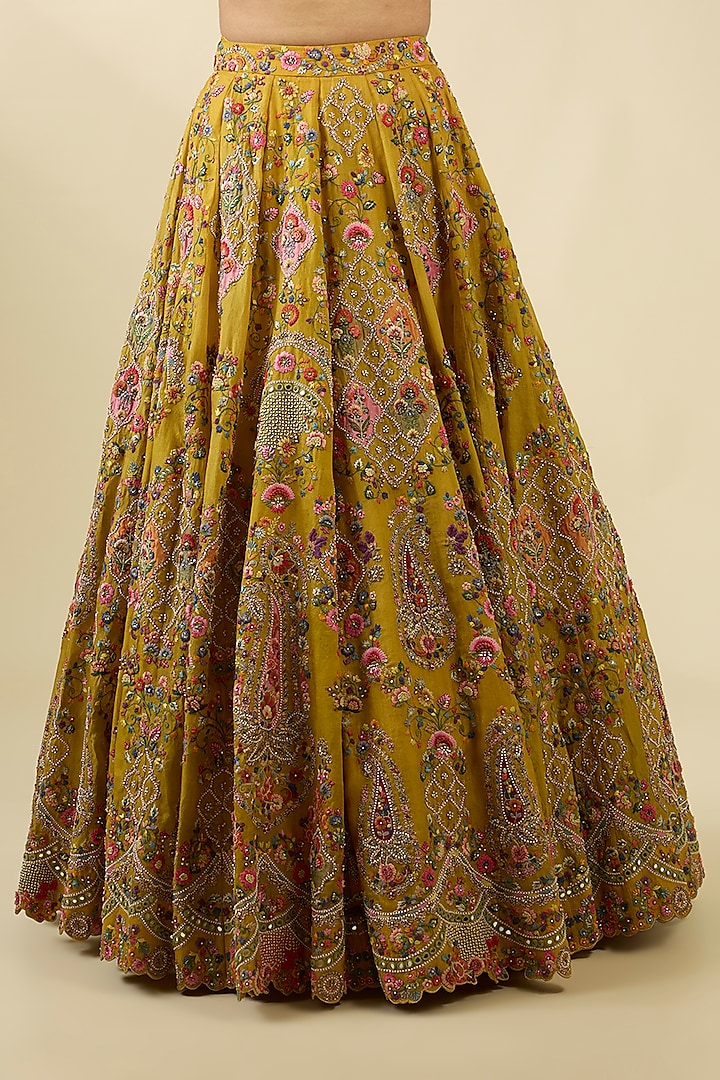 Mustard Organza Patchwork Bridal Lehenga Set by Petticoat Lane at Pernia's Pop Up Shop