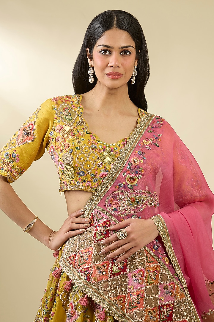 Mustard Organza Patchwork Bridal Lehenga Set by Petticoat Lane at Pernia's Pop Up Shop