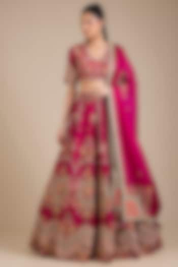 Fuchsia Pink Dupion Patchwork Bridal Lehenga Set by Petticoat Lane at Pernia's Pop Up Shop