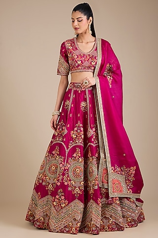 Fuchsia Pink Dupion Patchwork Lehenga Set by Petticoat Lane