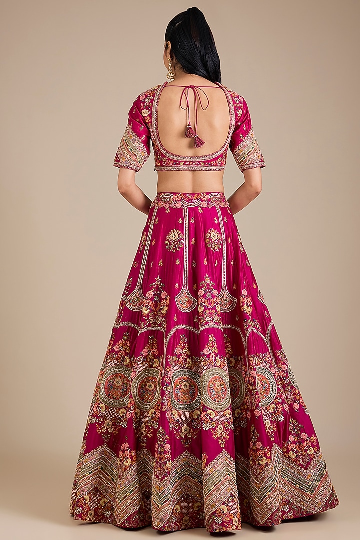 Fuchsia Pink Dupion Patchwork Bridal Lehenga Set by Petticoat Lane at Pernia's Pop Up Shop