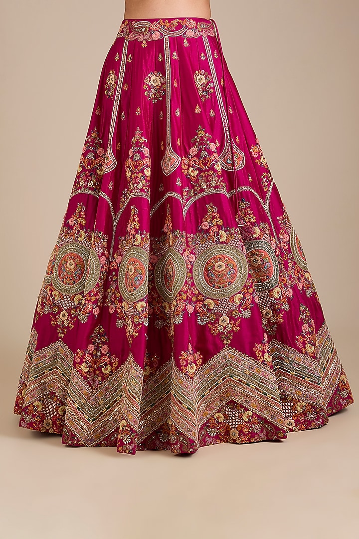 Fuchsia Pink Dupion Patchwork Bridal Lehenga Set by Petticoat Lane at Pernia's Pop Up Shop
