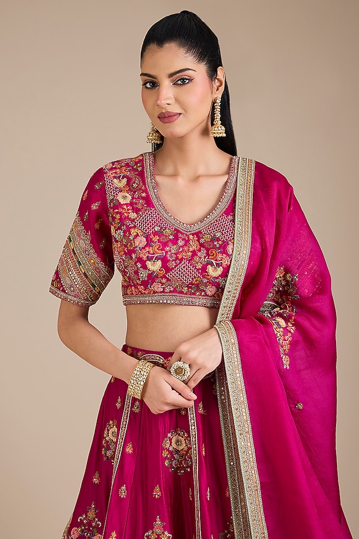 Fuchsia Pink Dupion Patchwork Bridal Lehenga Set by Petticoat Lane at Pernia's Pop Up Shop