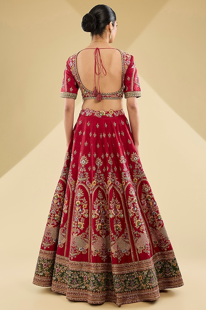 Deep Red Dupion Patchwork Bridal Lehenga Set by Petticoat Lane at Pernia's Pop Up Shop