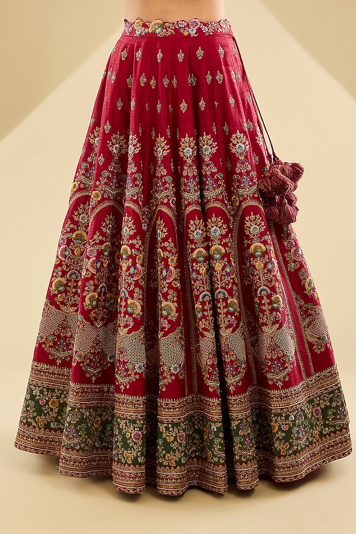 Deep Red Dupion Patchwork Bridal Lehenga Set by Petticoat Lane at Pernia's Pop Up Shop