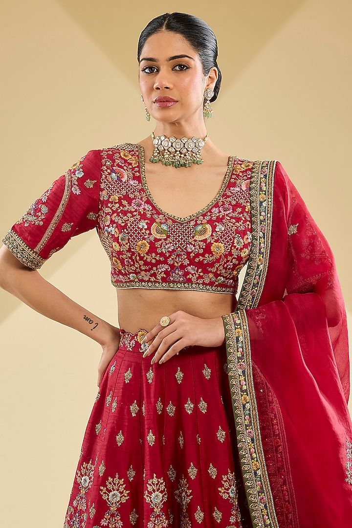 Deep Red Dupion Patchwork Bridal Lehenga Set by Petticoat Lane at Pernia's Pop Up Shop
