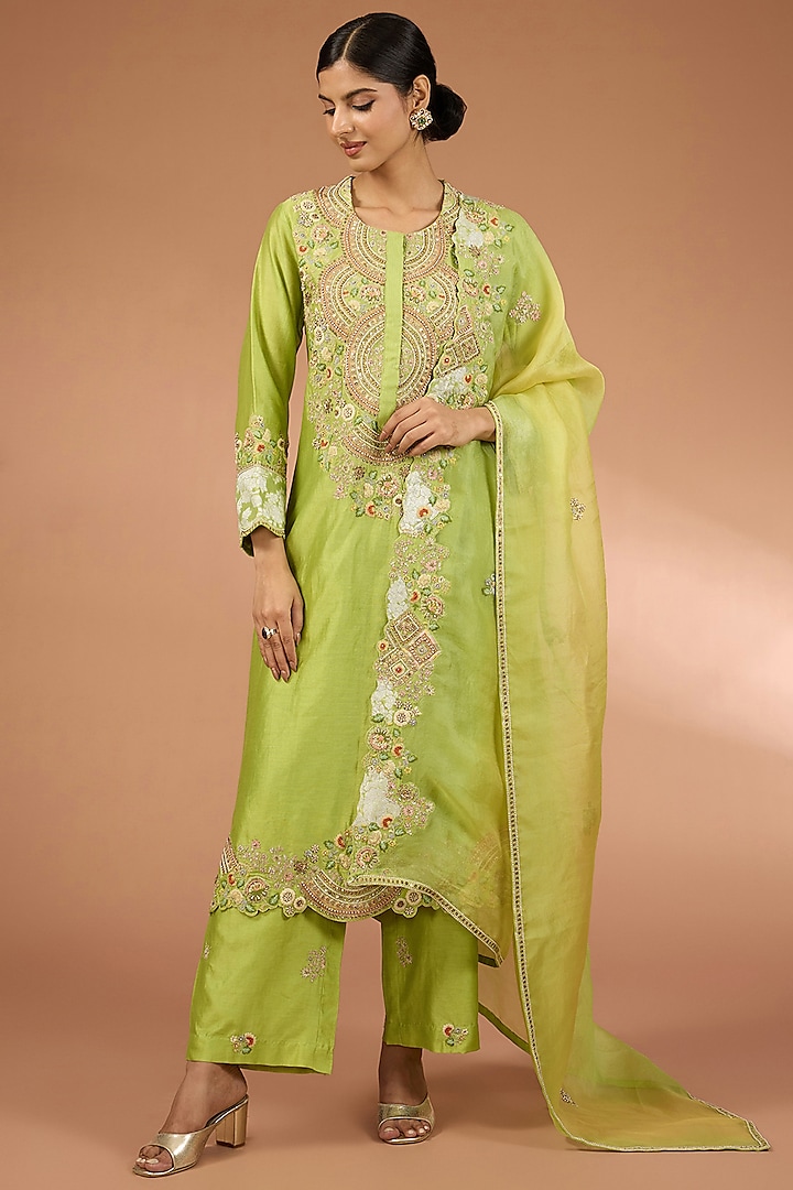 Green Chanderi Straight Kurta Set by Petticoat Lane at Pernia's Pop Up Shop