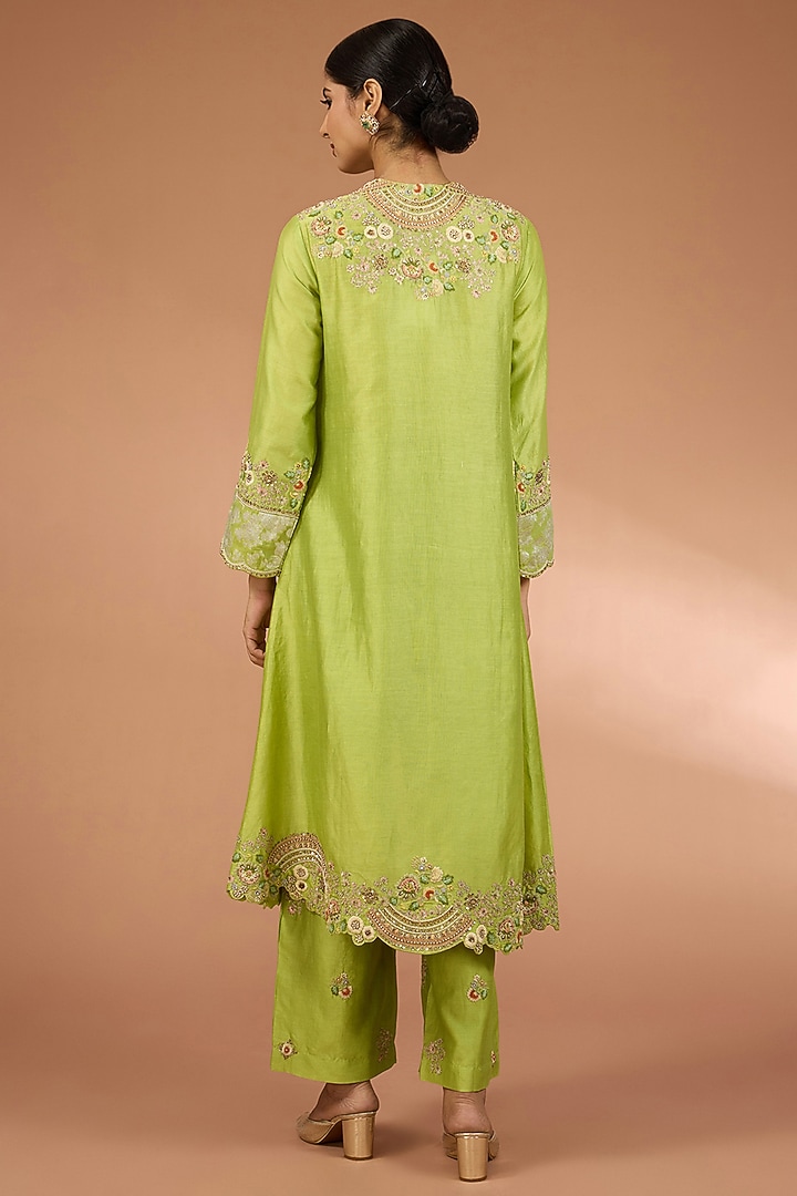 Green Chanderi Straight Kurta Set by Petticoat Lane at Pernia's Pop Up Shop